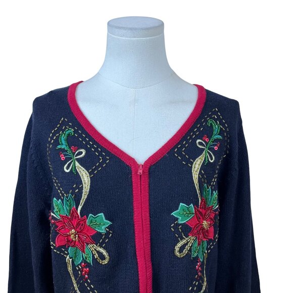 Tiara International Women's Black Red Cardigan Sweater Embroidered Sz L - Picture 5 of 8